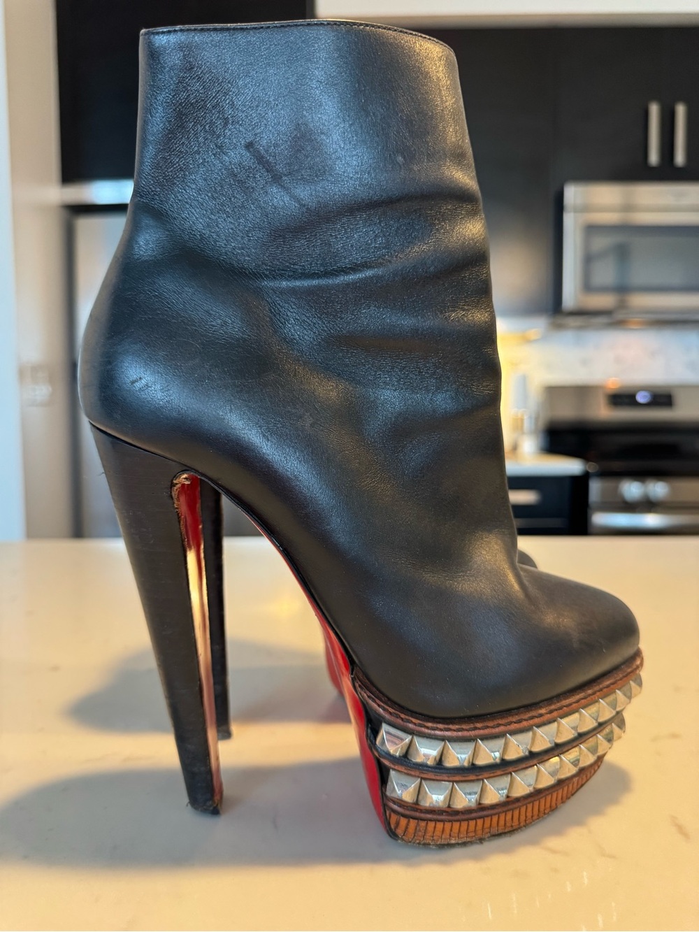 Christian Louboutin Black Leather Studded Platform Ankle Boots